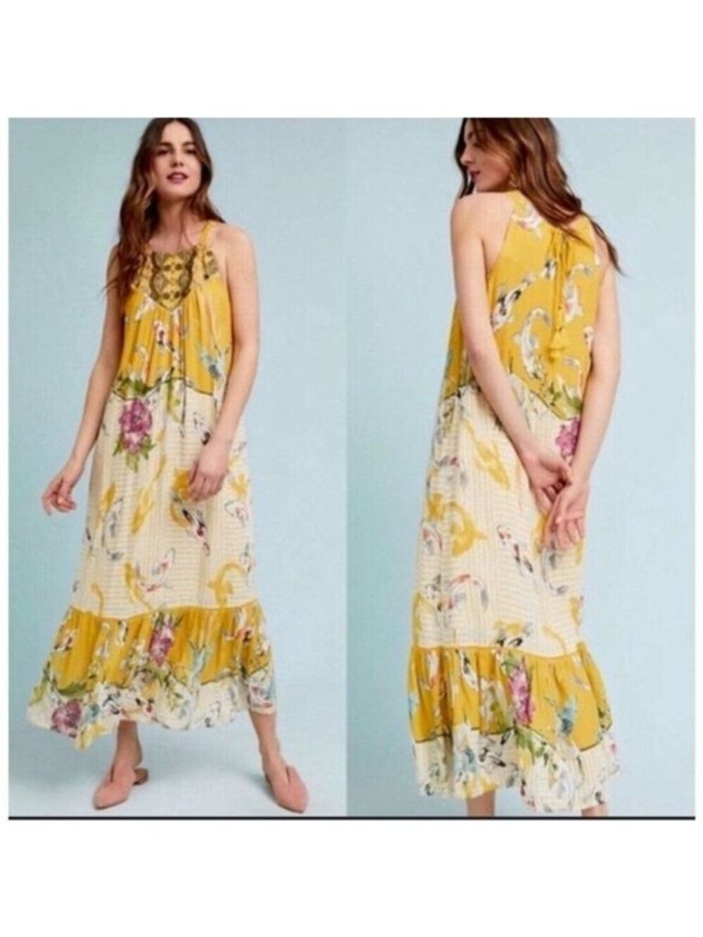 Anthro One September Paradiso Halter Maxi Dress Embroidered yoke Medium